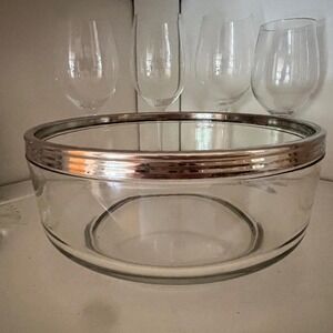 Vintage Silver Rim Glass Serving Bowl Mid Century Modern Italian Style Barware